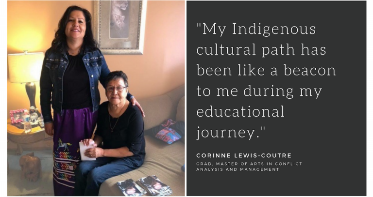 RRU grad Corrine Lewis-Coutre in a softly glowing bedroom with her mom, who is sitting on a bed with photos beside her. Text reads: "My Indigenous cultural path has been like a beacon to me during my educational journey."