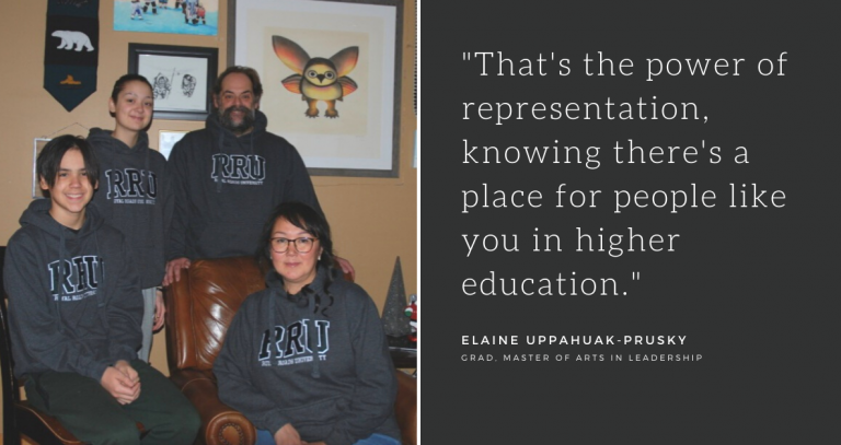 Elaine Uppahuak-Prusky and her family wearing RRU hoodies