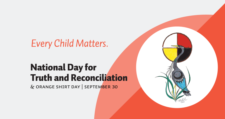 A banner that reads: "Every Child Matters. National Day for Truth and reconciliation & Orange Shirt Day, September 30." The artwork is a heron in front of a medicine wheel. Art by Songhees Elder Butch Dick.