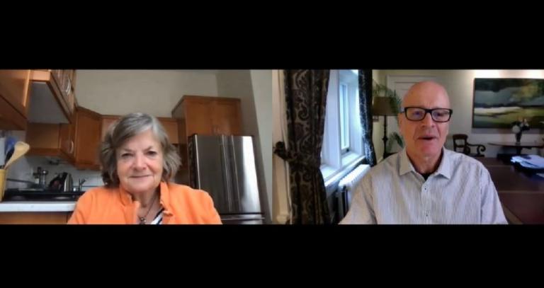 A zoom screen with President Steenkmap in his office and Prof. Dale in her kitchen. They look delighted to be chatting.
