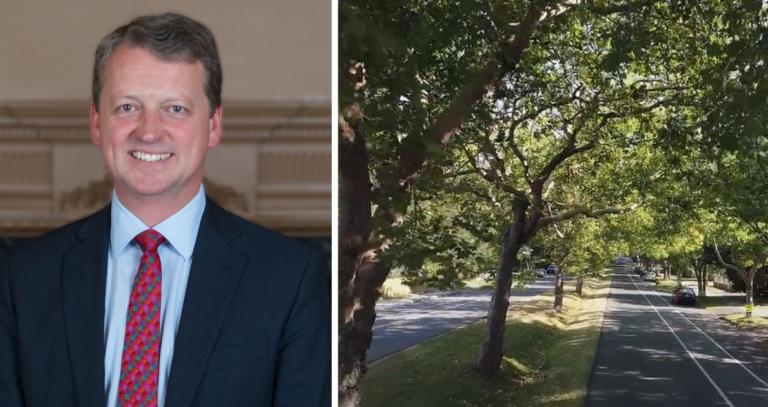 Two images: on the left, a man wearing a suit and tie smiles out at the camera. On the right, a quiet, tree-lined residential street.