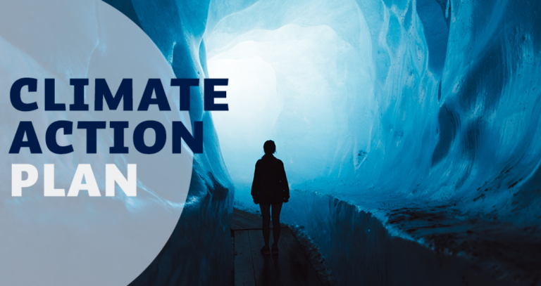 Royal Roads University Climate Action Plan logo. Silhouette of a person looking down a snow cave 