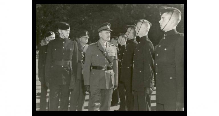 Young men in uniform line up for inspection at Royal Roads military college circa 1961.