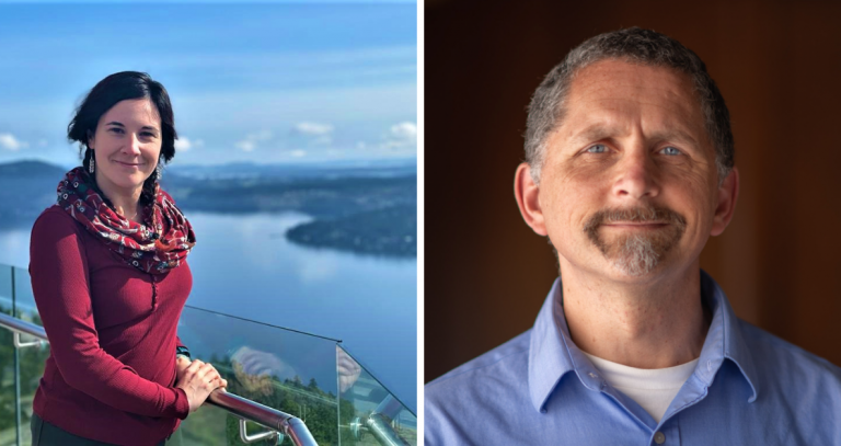 Left: Emma Thomlinson standing on a ledge with a lake behind. Right: Head shot of Eugene Thomlinson