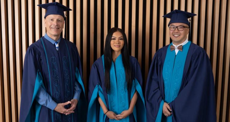 Dr. Autumn Peltier with President & Vice-Chancellor Philip Steenkamp and Chancellor Nelson Chan.