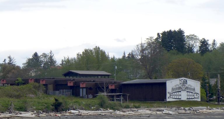 A picture of the U'mista cultural centre taken  from the ocean.