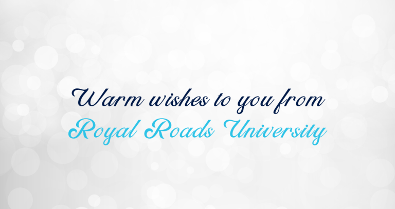 The script "Warm wishes to you from Royal Roads University" over a sparkling white background.