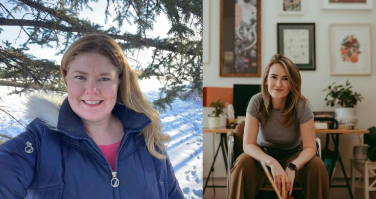 Separate portraits of two people. On the left, a woman wearing a blue winter coat smiles, with a wintery scene in the background. On the right, a woman wearing tan and brown and seated in the centre of the frame looks directly at the camera.