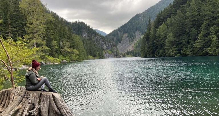 View of mountains surrounding a lake with a woman sitting on a tree stump gazing out at the water. 