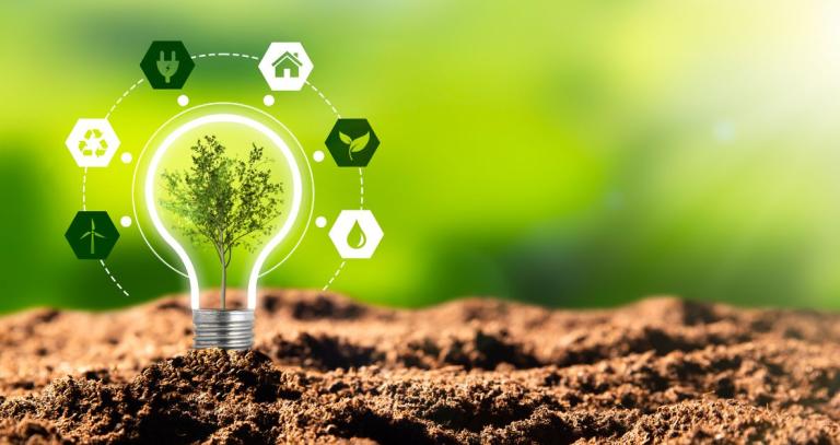 A small green and leafy tree seemingly grows inside a lightbulb planted in soil. Different graphic representations of renewable energy surround the bulb: wind turbines, the recycling symbol, an electrical plug, a house, a green leaf and a drop of water.