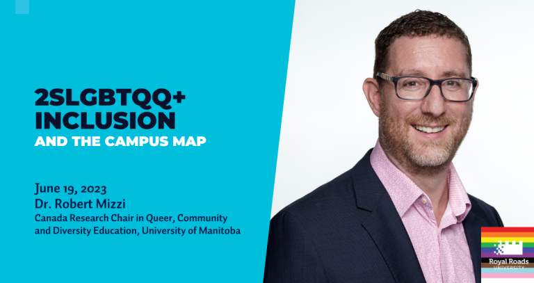 A headshot of Dr. Mizzi with an RRU logo in Pride colours.