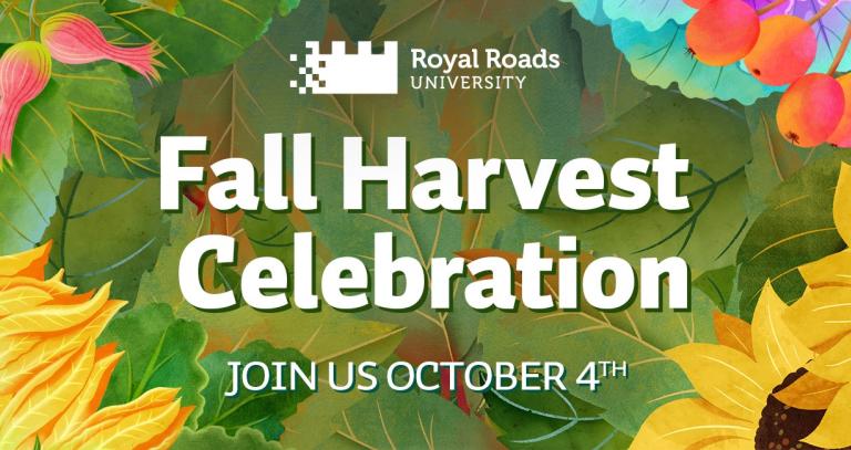 Yellow flowers with green leaves with the words "Fall Harvest Celebration Join us October 4"