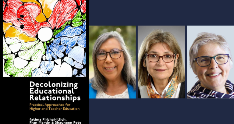 Book cover with title "Decolonizing Educational Relationships: Practical Approaches for Higher and Teacher Education" and individual portraits of the three women authors, smiling.
