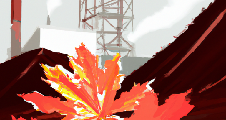 A maple leaf is positioned in front of a geothermal drilling site
