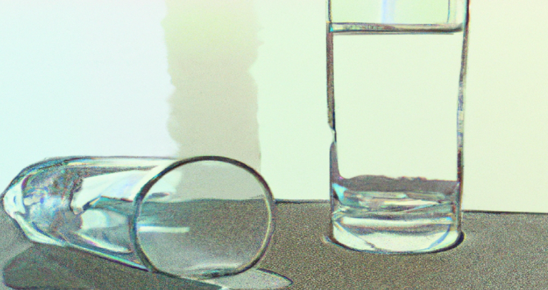 Two glasses of water on a table, one has been knocked over.