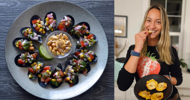 Choros a la chalaca or Peruvian seaside mussels and Andrea Torres Lopez taking a bit of a patacone.