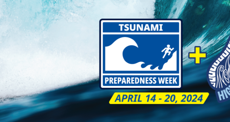 A tsunami wave in the ocean is seen in the background of this graphic with text, which also displays a cartoon footprint and the words "High Ground Hike for tsunami awareness week"