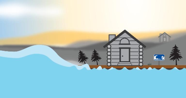 Illustration of a large wave headed for shore. A house is on the shore near the wave.