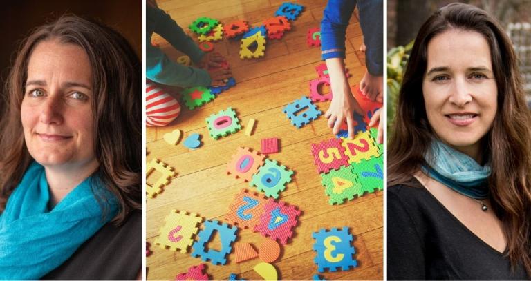 From left to right: Kathleen Manion smiling; Children playing with block numbers; Elizabeth Childs smiling