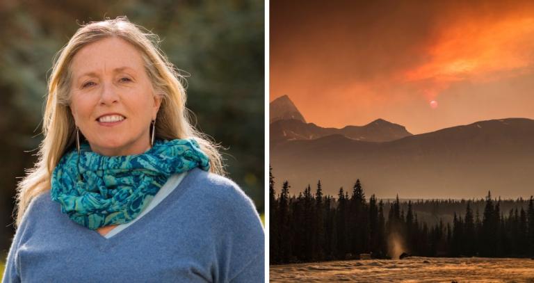 Left: Robin Cox; Right: A wildfire on top of a mountain