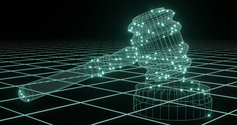 Gavel made of dots and lines that resemble fibre optic cable