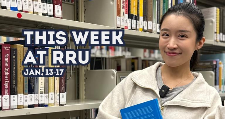 This week at RRU Jan. 13-17 text overlay, Wendy is holding a book, standing in front of a library book shelf.