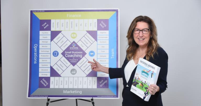 Beverlee Rasmussen holding a book and pointing to chart on an easel. The chart shows small business coaching topics.