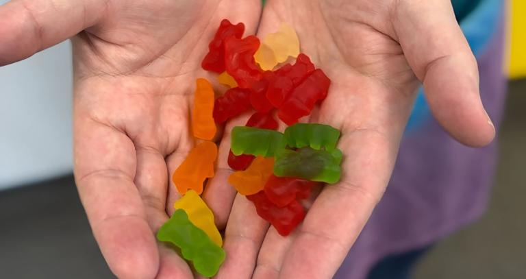 Two hands hold a bunch of colourful gummy bears