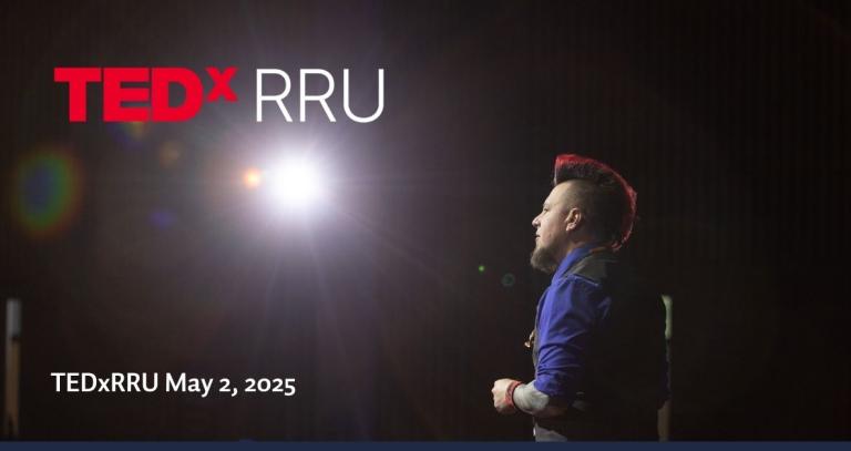 TEDxRRU text with an image of a spotlight and a speaker in profile