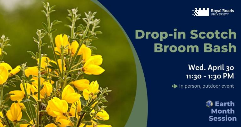 Earth Month session graphic with Scotch broom plant and event details