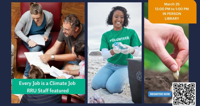 Thumbnail with people volunteering, working in group, and planting a seed.
