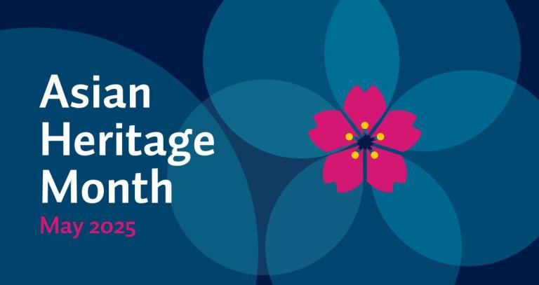 A blue and pink flowered image has the words, Asian Heritage Month overlayed.