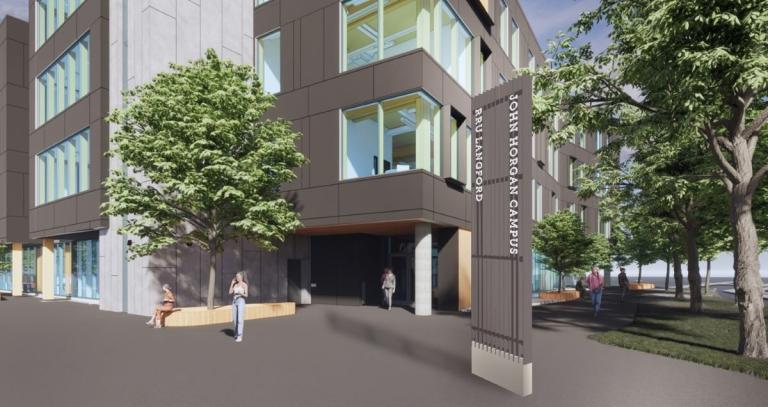 An architectural rendering of a vertically oriented sign with text that reads "RRU Langford John Horgan Campus"