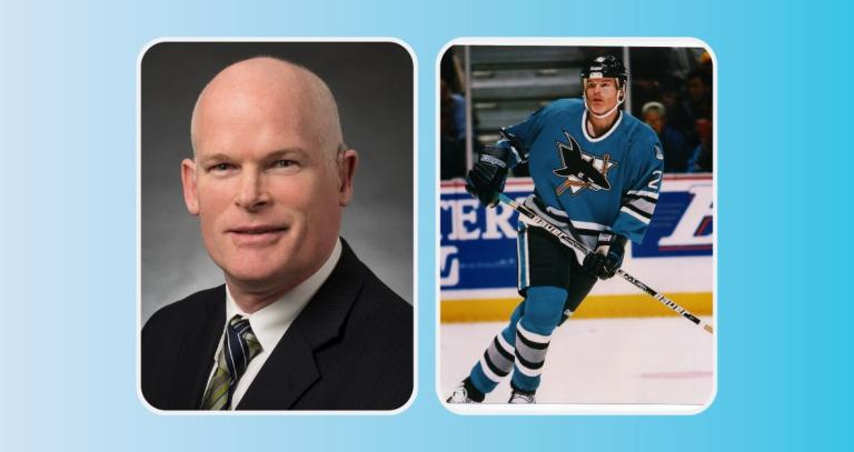 Two images of Jim Kyte, one in a suit and tie and one on the ice in the NHL in his San Jose Sharks uniform.