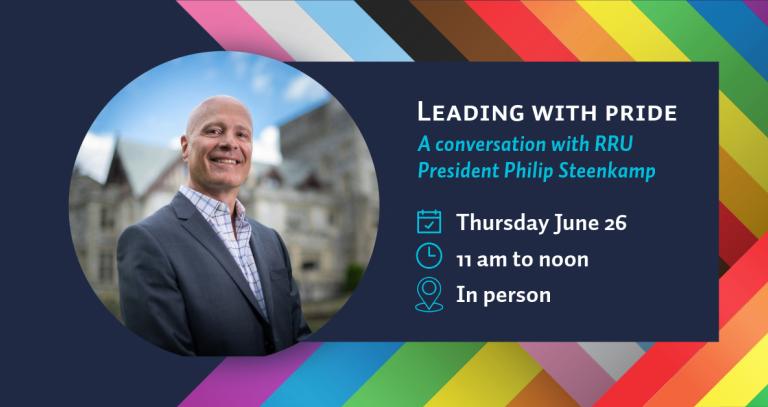 A photo of President Philip Steenkamp against a backdrop of blue sky and Hatley Castle looks out and smiles. Behind that on the banner, event details found in the post and a ribboning of the Inclusive Pride flag colours weaved together. 