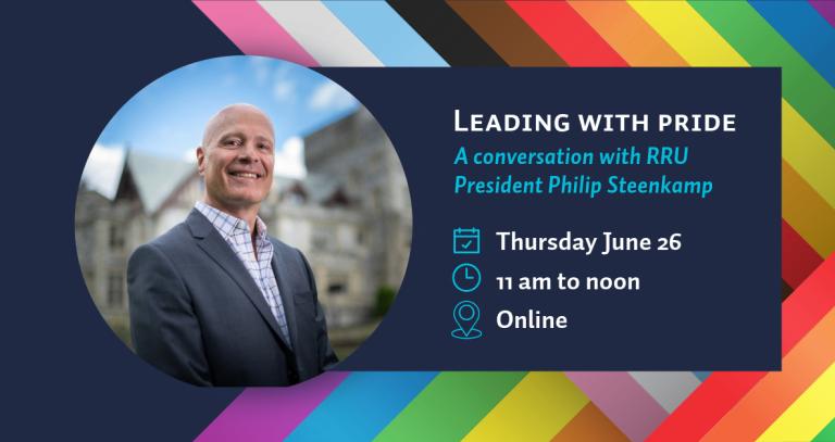 A photo of President Philip Steenkamp against a backdrop of blue sky and Hatley Castle looks out and smiles. Behind that on the banner, event details found in the post and a ribboning of the Inclusive Pride flag colours weaved together. 