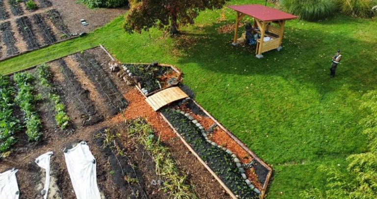 An aerial view of the garden beds at the Farm at Royal Roads