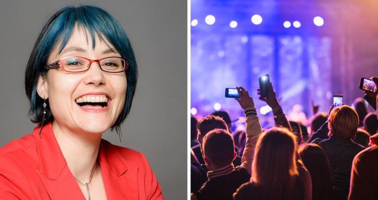 Left: Jaigris Hodson smiling; Right: an image of young adults at a crowded concert, taking videos on their phones