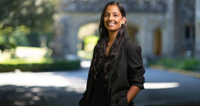 Richa Sharma-Raisinghani with Hatley Castle in the background