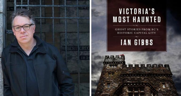 Left: Ian Gibbs standing in front of an iron door; Right: The top of the cover of his book, Victoria's Most Haunted. 