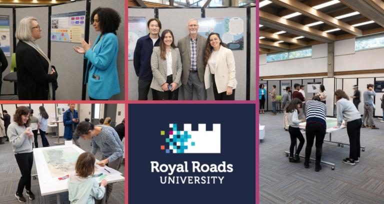 collage of images showing attendees chatting with researchers at their information booths.