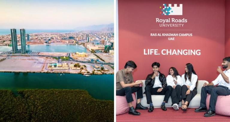 Two photos side by side: the dramatic city landscape of Ras al Khaimah with the RRU RAK Campus and students gathered in the lounge laughing and drinking coffee in front of a sign that says "Royal Roads University Ras al Khaimah Campus UAE, Life.Changing