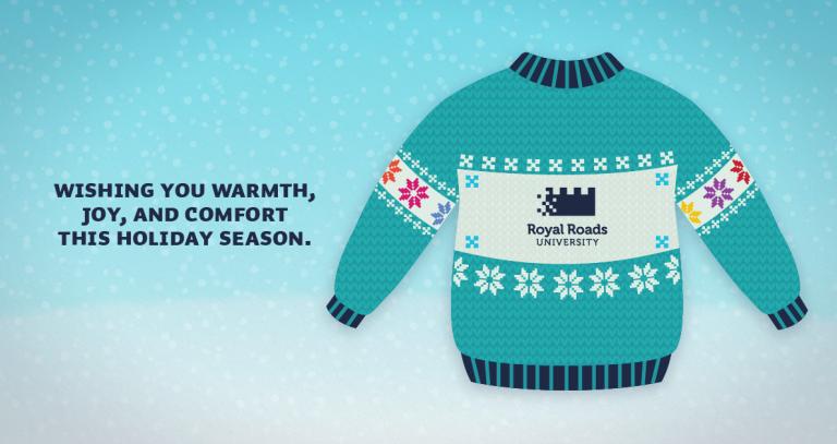 Animated knit sweater with an RRU logo on a blue snowy background with navy wording on the left. 
