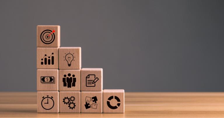 wood block stacking as step stair on table with icon Action plan, company strategy development, business goal, business strategy, organizational structure management