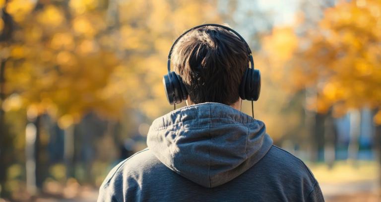 Man walking outside while wearing headphones