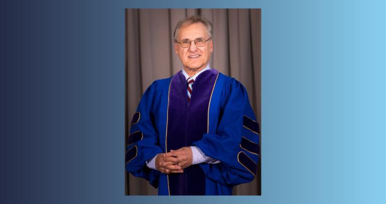 Stephen Lewis portrait in Royal Roads convocation regalia