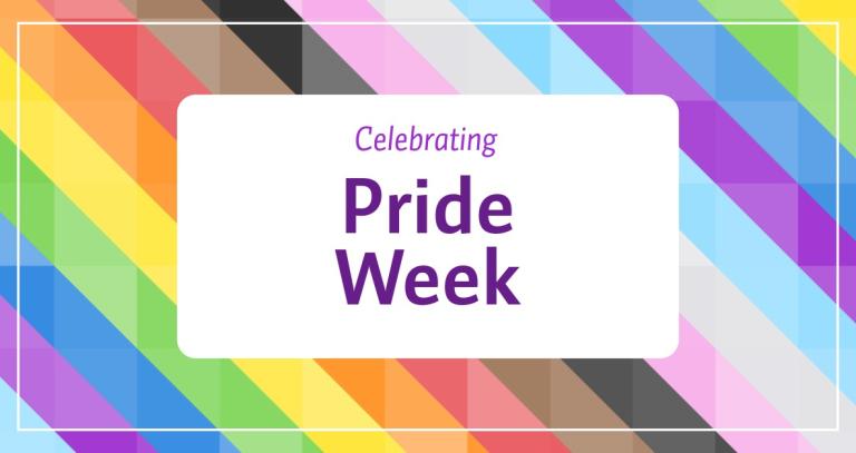 Colourful Pride rainbow backdrop with the text: 'Celebrating Pride Week'