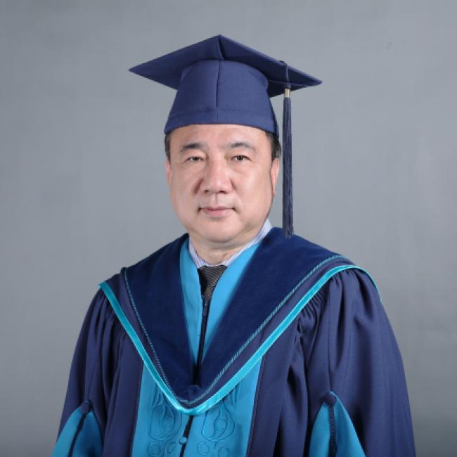 Dr. Weichang Yang wearing Royal Roads convocation regalia.