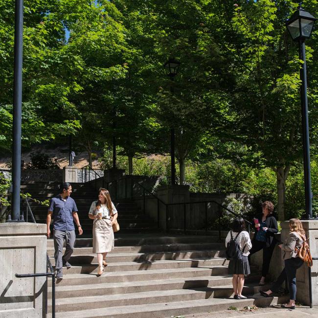 Under a canopy of trees, a group of three students relax in conversation while two other students walk down a concrete staircase