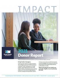 Cover of the 2021 Donor Impact Report showing two students sitting at a table in the Sherman Jen Building.